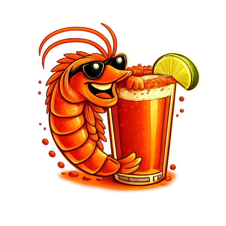 Cartoon shrimp with sunglasses holding a glass of beer with a lime wedge on a white background