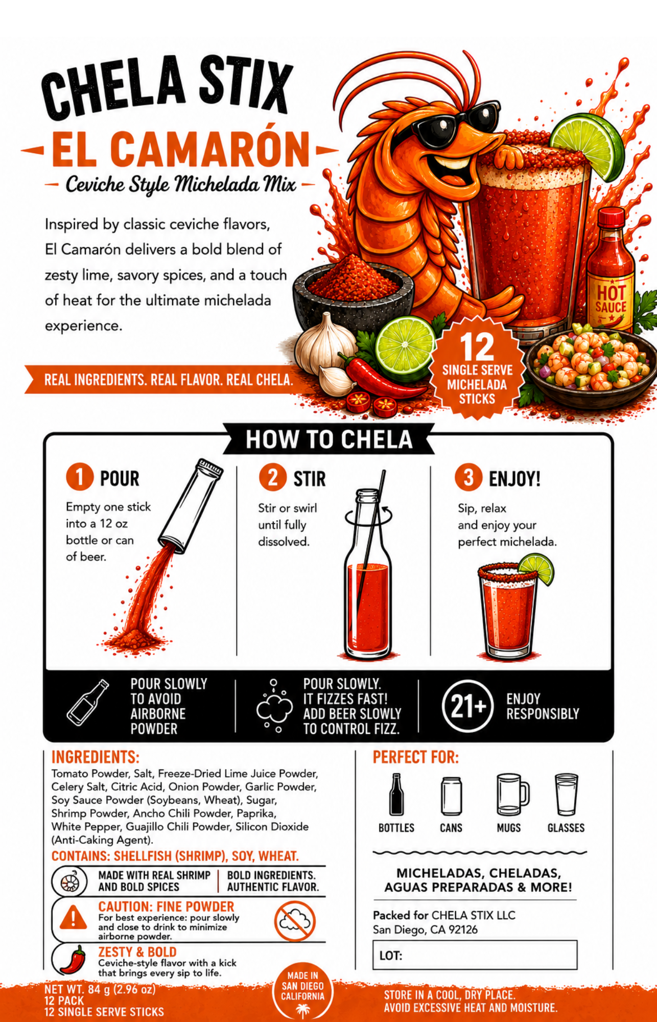 An infographic poster for Chela Stix El Camarón spice blend, featuring a colorful illustration of a chef mixing ingredients with a mortar and pestle, product details, ingredients list, and step-by-step usage instructions.
