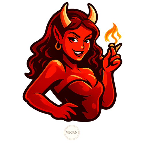Illustration of a red devil-like character holding a flame, with 'VEGAN' label at the bottom.