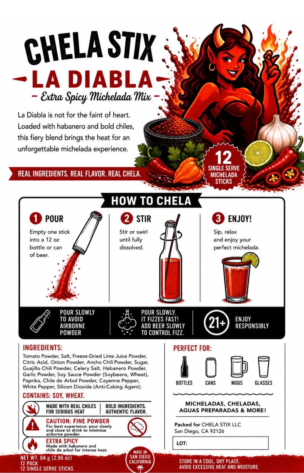 An infographic-style product card for Chela Stix La Diablita Extra Spicy Michelada Mix. The top half shows fiery red and orange peppers, a lime, and hot sauce with the text 'CHELA STIX LA DIABLA - Extra Spicy Michelada Mix' and '12 SINGLE SERVE MICHELADA STICKS.