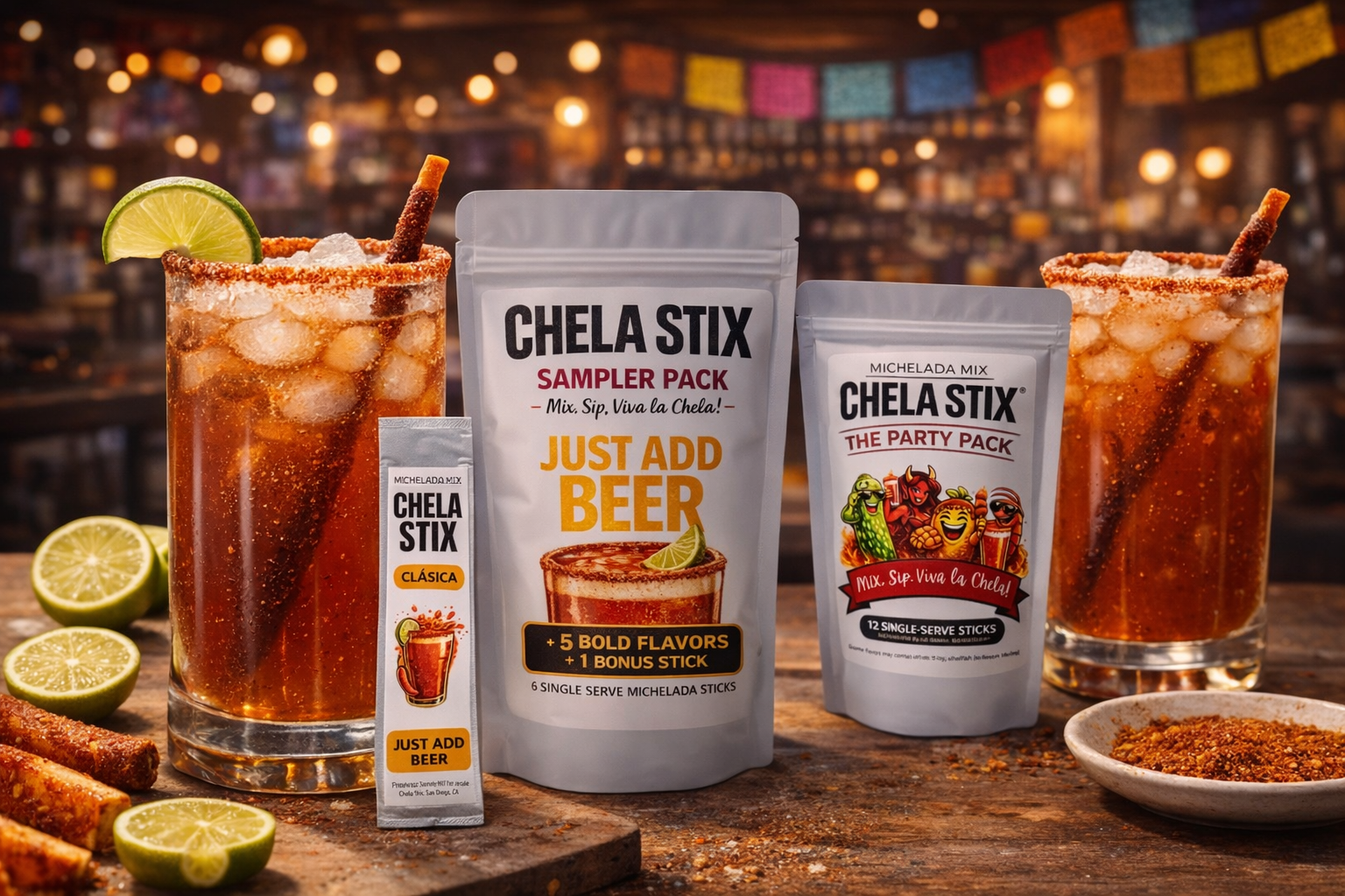 Chela Stix beer flavoring sticks packaging with two cocktails on a bar setting background.