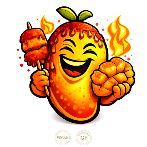 Cartoon mango character with a happy expression holding skewers and bread, with 'Vegan' and 'GF' (gluten-free) labels.