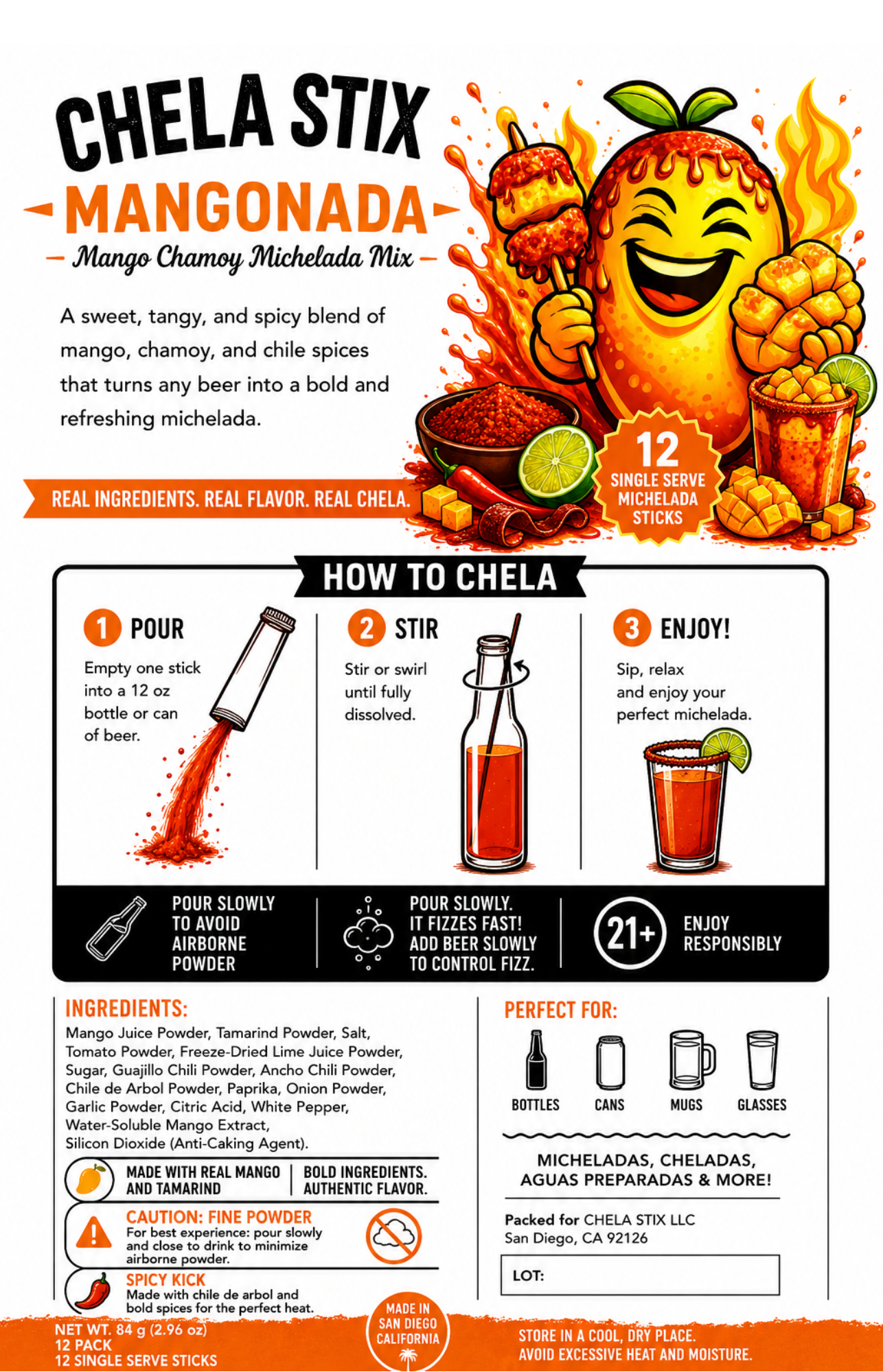 An infographic poster for Chela Stix - Mangonada Mix, featuring a cartoon orange character, step-by-step instructions on how to use the chela sticks, ingredients list, and product details on a white background.