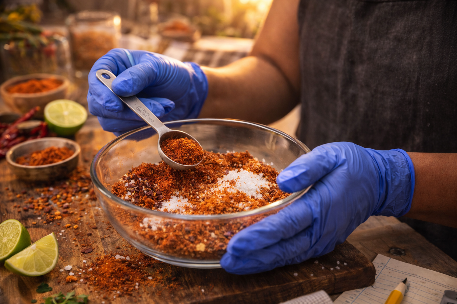 Person in blue gloves mixing spices in a glass bowl with a spoon, surrounded by ingredients on a wooden surface.