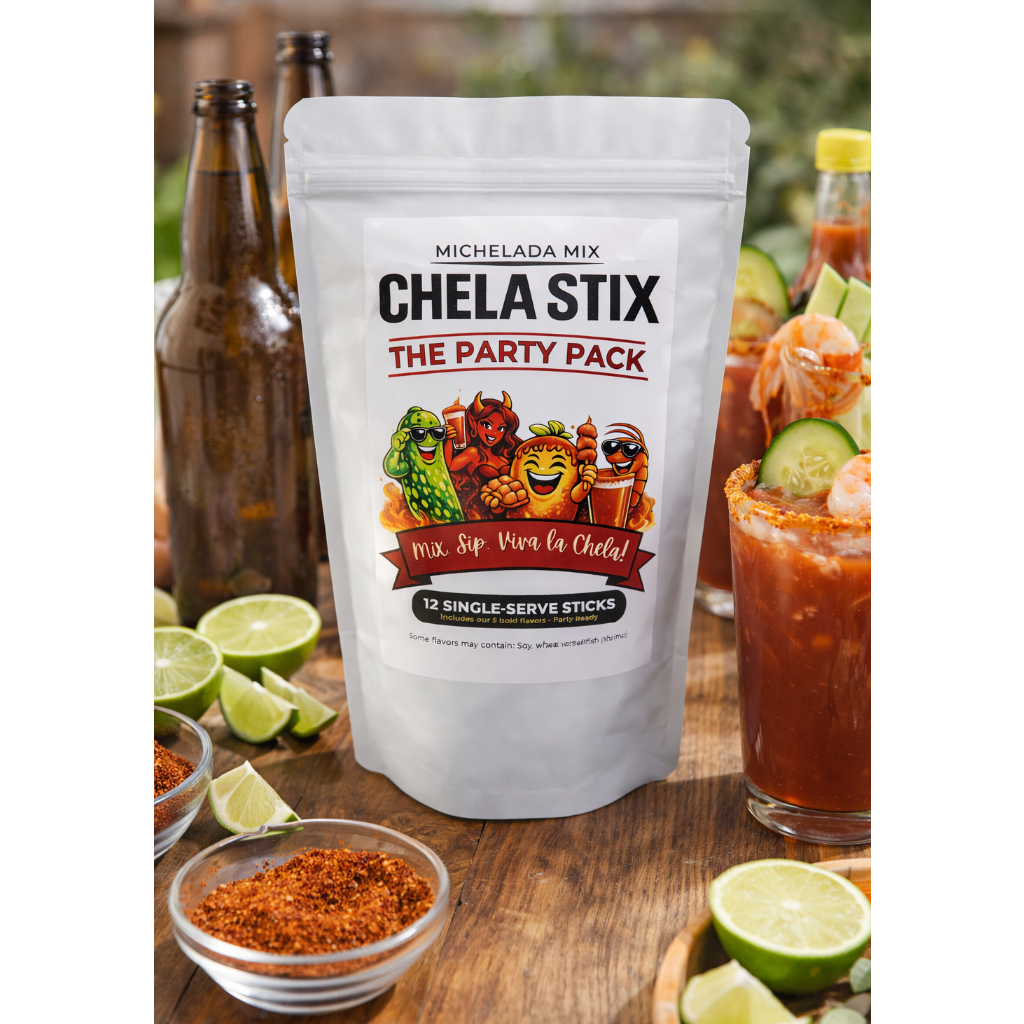 Chela Stix Michelada Mix packaging with ingredients and drinks on a wooden surface