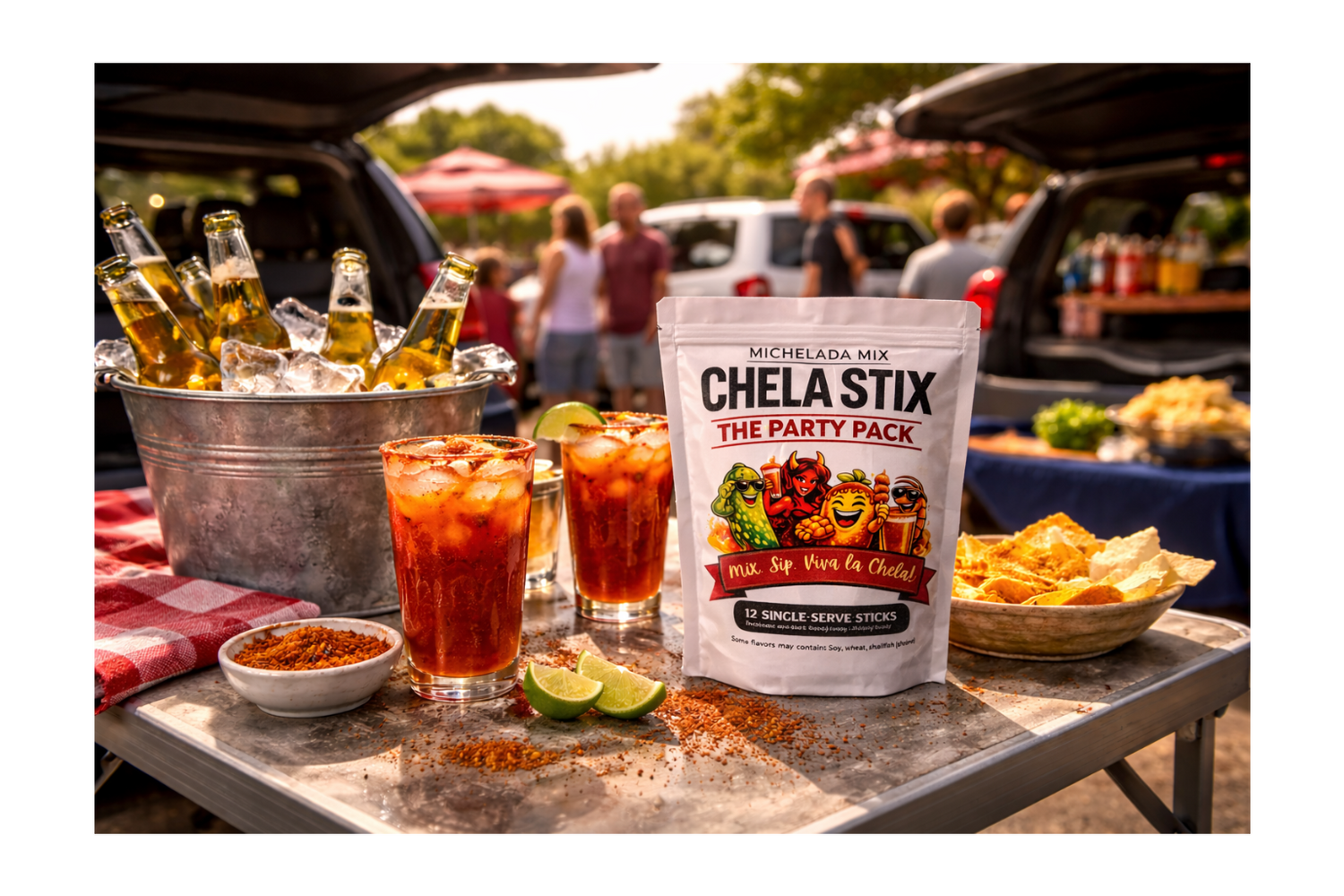 Party setup with Chela Stix, drinks, and snacks on a table outdoors.