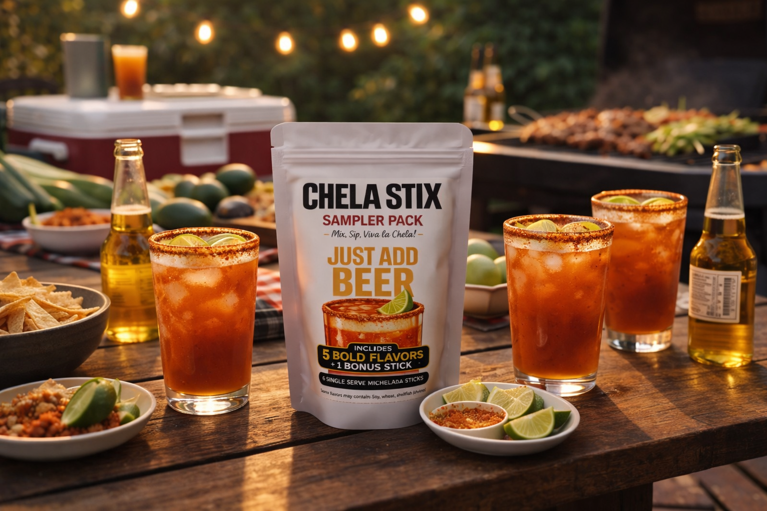Chela Stix sampler pack on a table with drinks and snacks outdoors