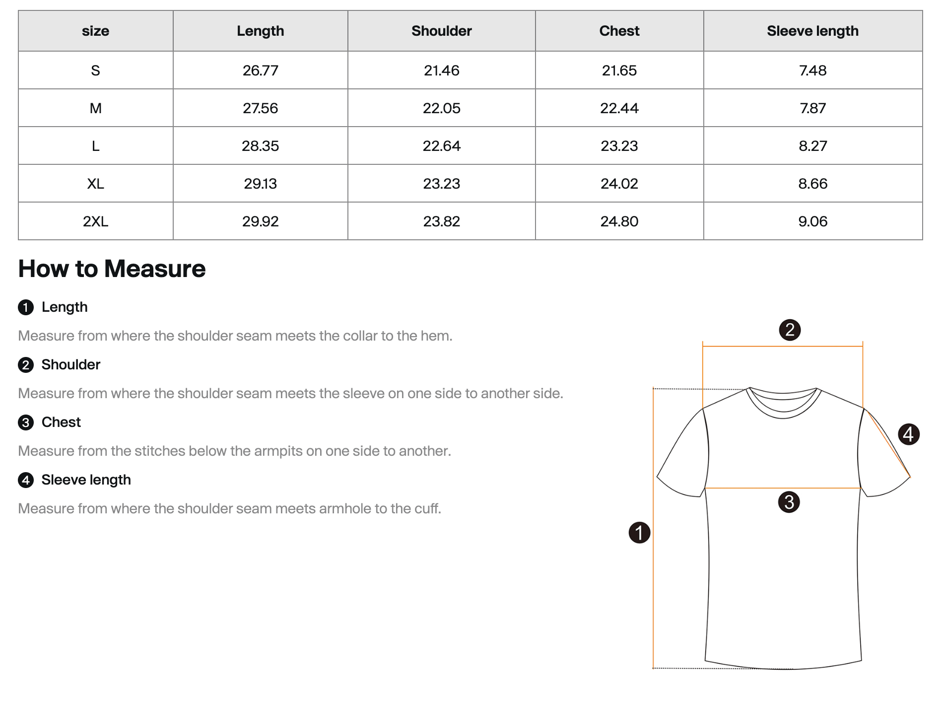 A size measurement chart and measurement guide for a short-sleeve T-shirt. The top section shows a size table with columns for size, length, shoulder, chest, and sleeve length for S through 2XL.