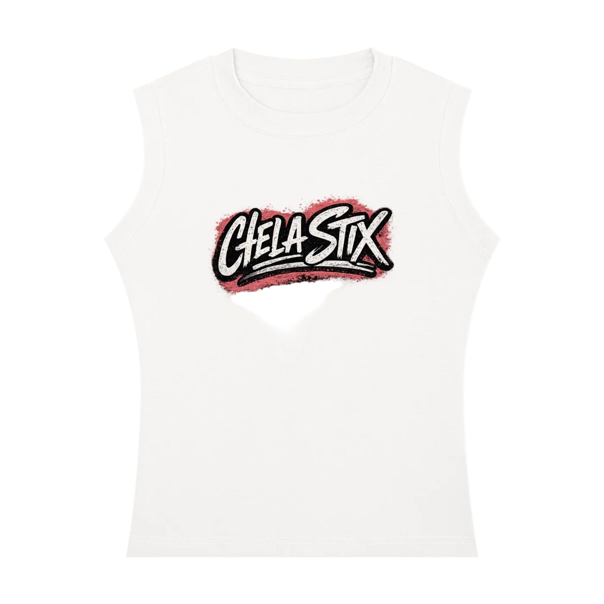 A white sleeveless crop top featuring a stylized 'Chela Stix' graphic on the chest with black, white, and red colors, displayed on a clean white background.