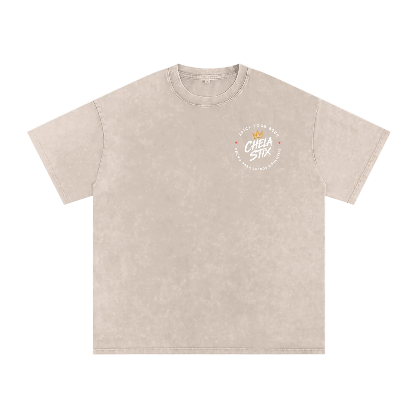 Cream t-shirt with a logo on a white background