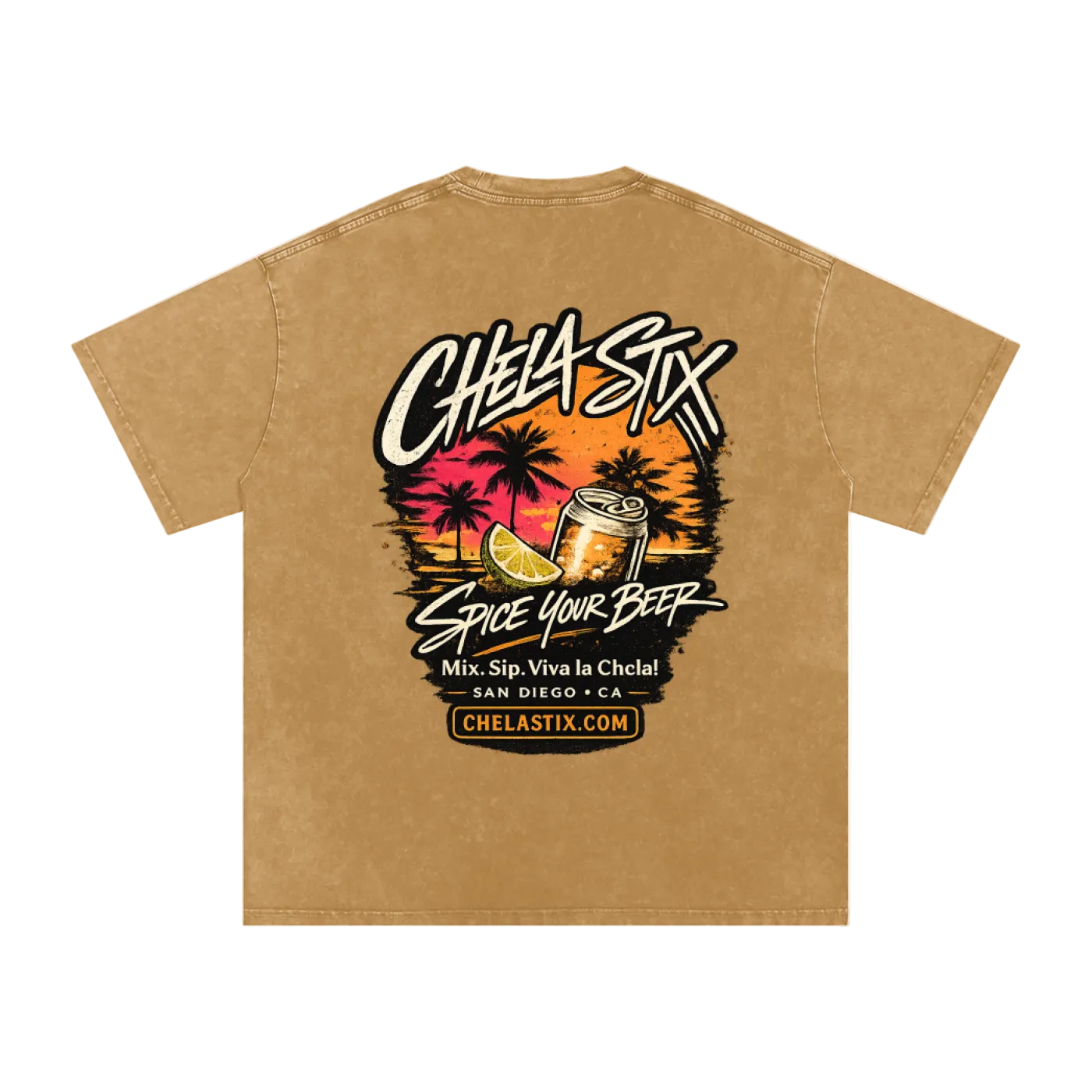 A tan short-sleeve t-shirt with a large graphic print on the front featuring the brand name 'CHEA-SIX' in stylized white lettering, a tropical sunset scene with palm trees, a beer can, and a slice of lime, with the text 'SPICE YOUR BEER' and 'Mix. Sip.