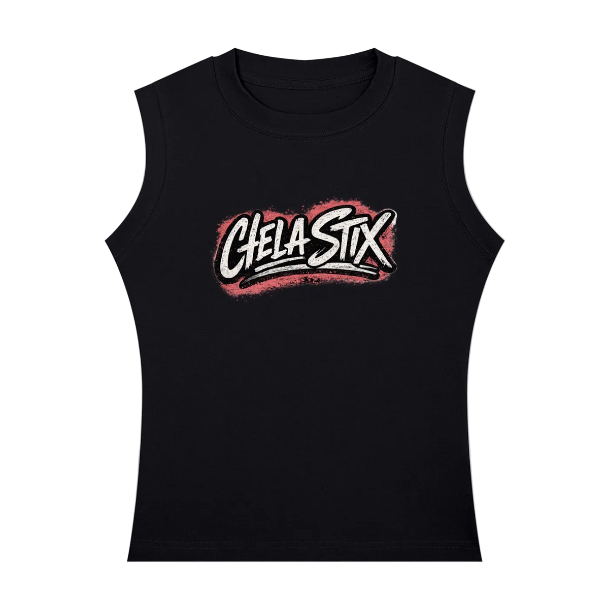 A black sleeveless crop top featuring a stylized 'Chela Stix' graphic on the chest in white and red, displayed against a solid white background.