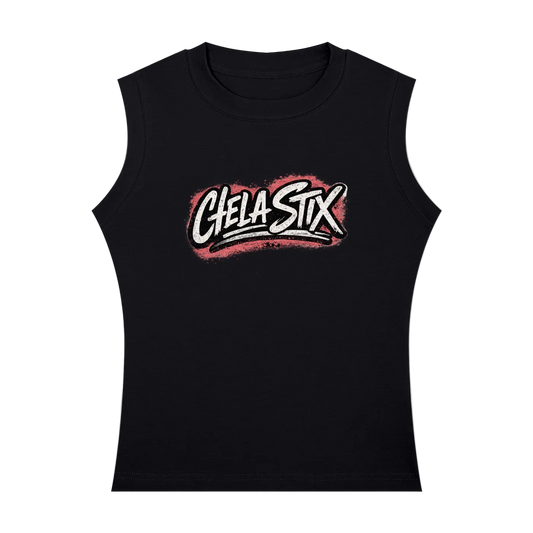 A black sleeveless crop top featuring a stylized 'Chela Stix' graphic on the chest in white and red, displayed against a solid white background.