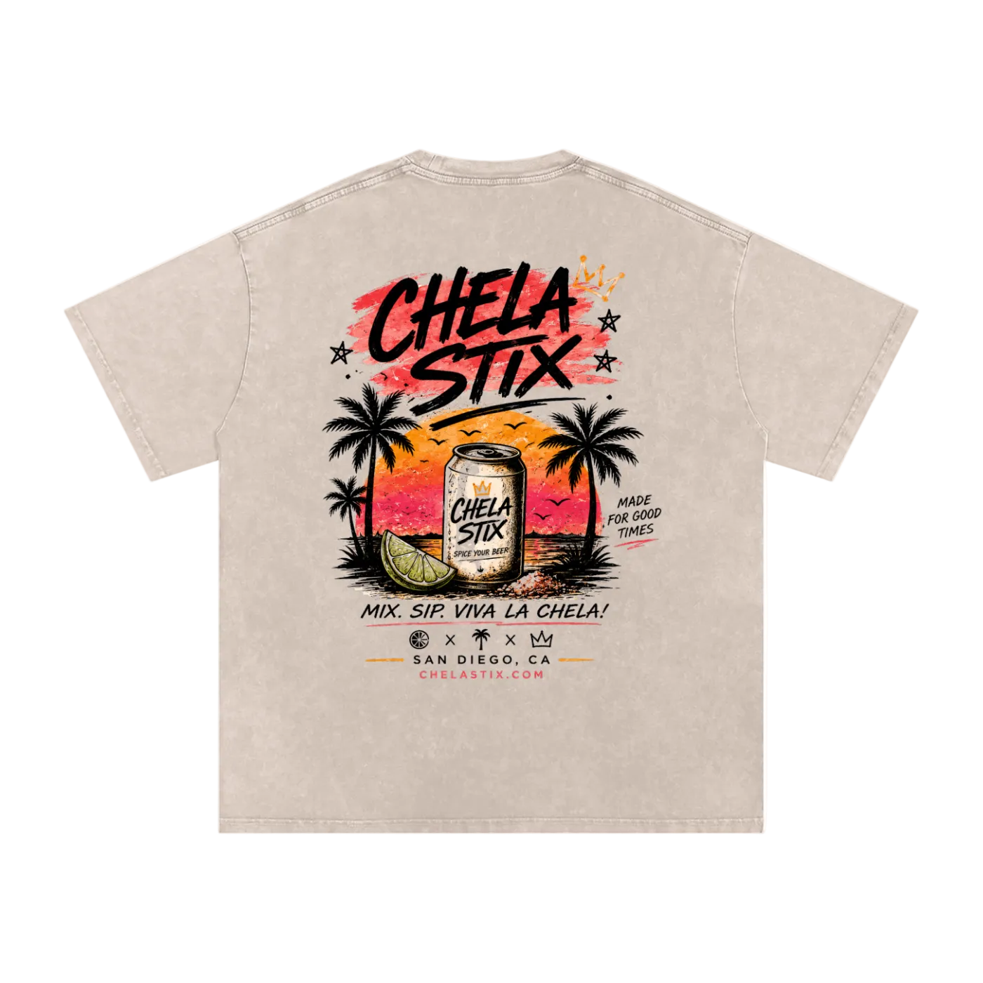 A light beige graphic t-shirt shown from the back, featuring a colorful sunset illustration with palm trees, a beer can labeled 'Chela Stix', and bold black text.