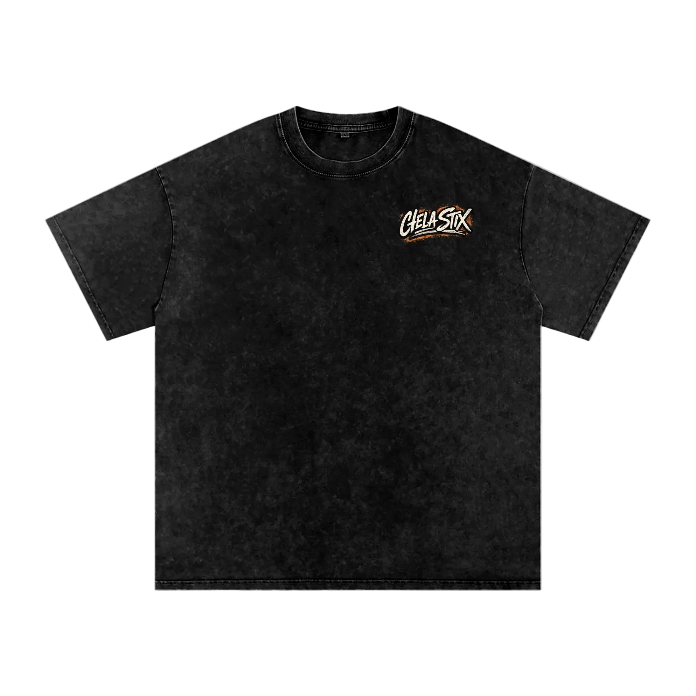 Black t-shirt with a logo on the chest against a white background