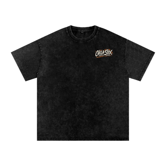 Black t-shirt with a logo on the chest against a white background