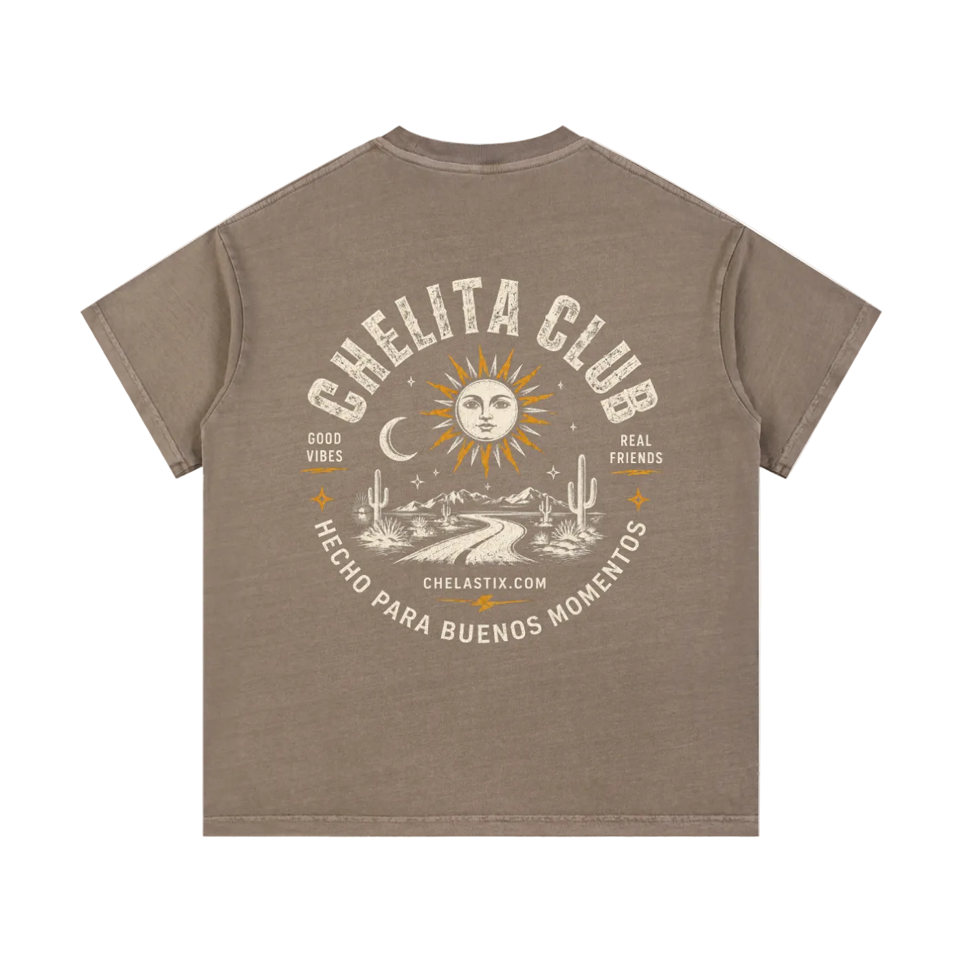 A taupe brown short-sleeve t-shirt with a large cream-colored graphic on the back. The graphic features a sun, moon, a face, cacti, and the text 'CHELITA CLUB' and 'HECHO PARA BUENOS MOMENTOS' with 'CHELASTIX.