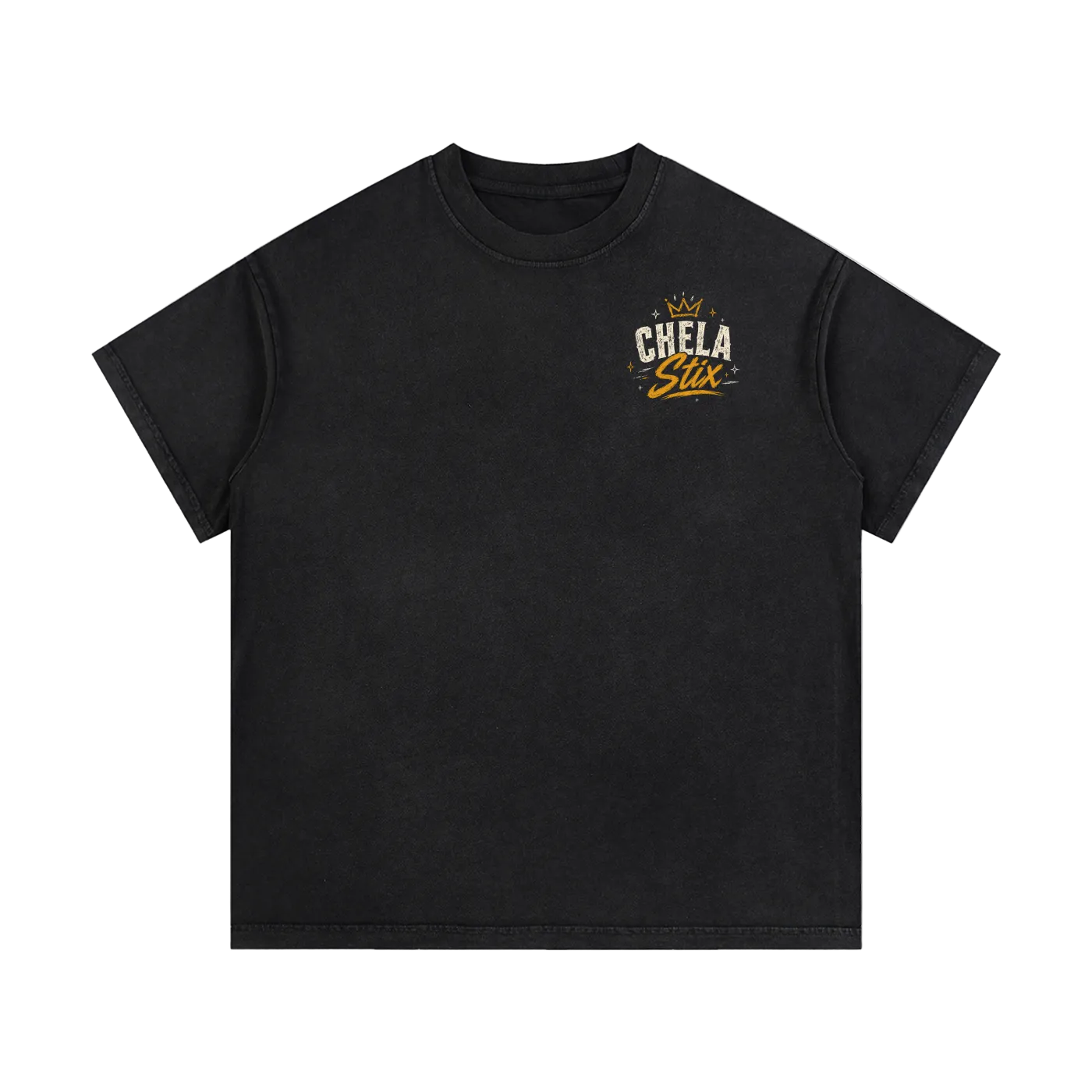 A black short-sleeve crewneck t-shirt with a small graphic on the left chest featuring a crown and the text 'CHELA Star' in white and gold, displayed on a solid white background.