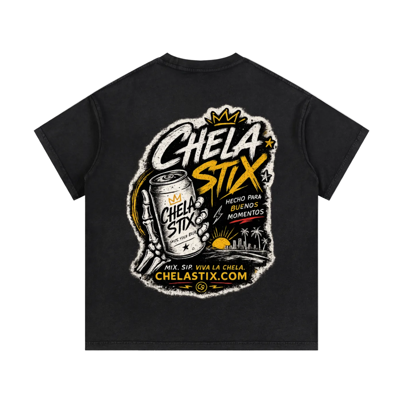 A black short-sleeve t-shirt shown from the back, featuring a large graphic print for 'Chela Stix'. The graphic includes a can of Chela Stix, a pencil, and text such as 'Chela Stix', 'Hecho para buenos momentos', and 'ChelaStix.