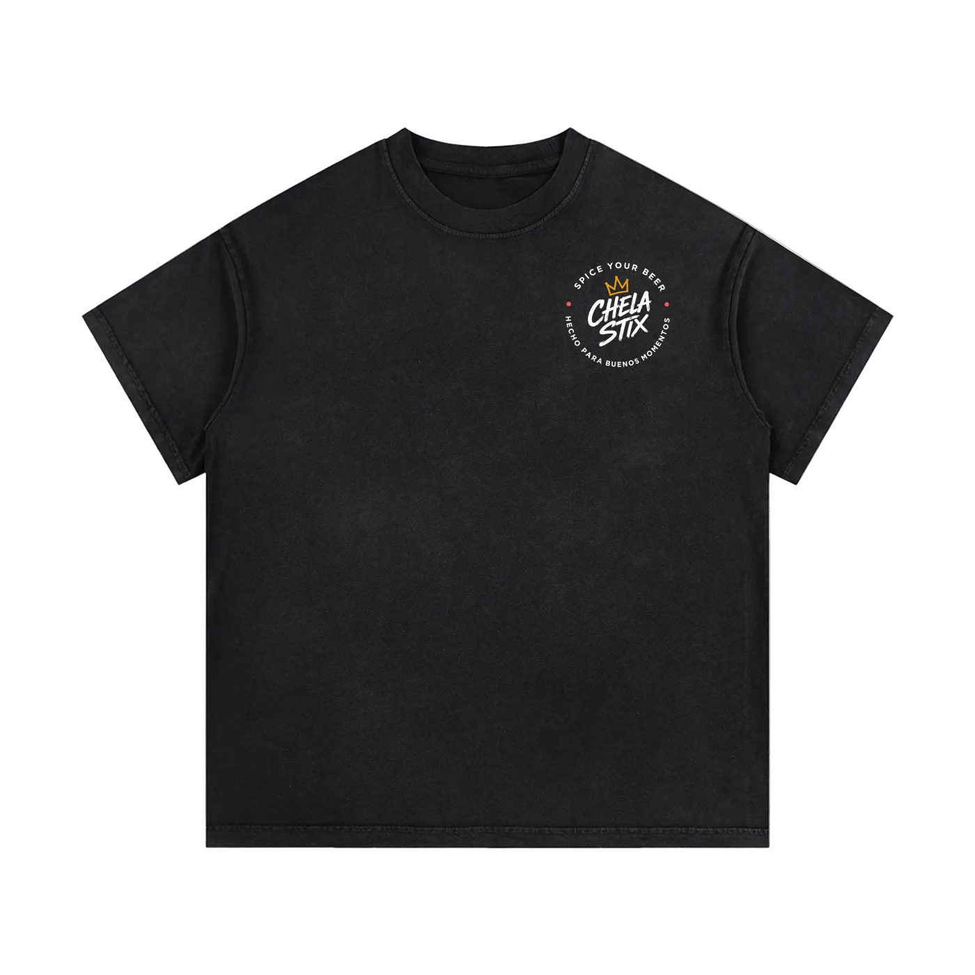 Black t-shirt with a small logo on a white background