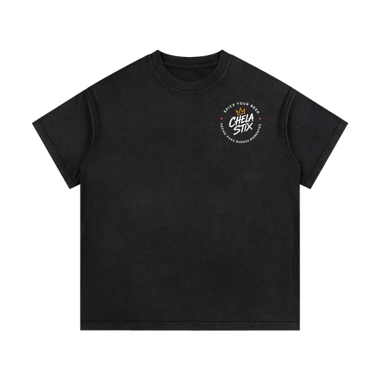 Black t-shirt with a small logo on a white background