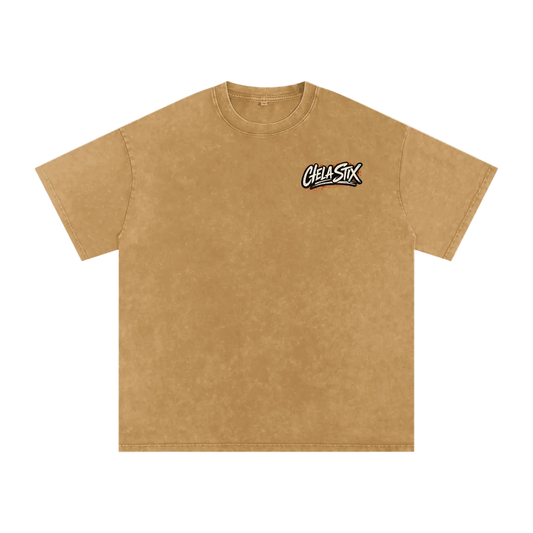 A tan acid-wash short-sleeve t-shirt with a black and white 'Cell-Six' graphic on the left chest, displayed flat against a solid white background.