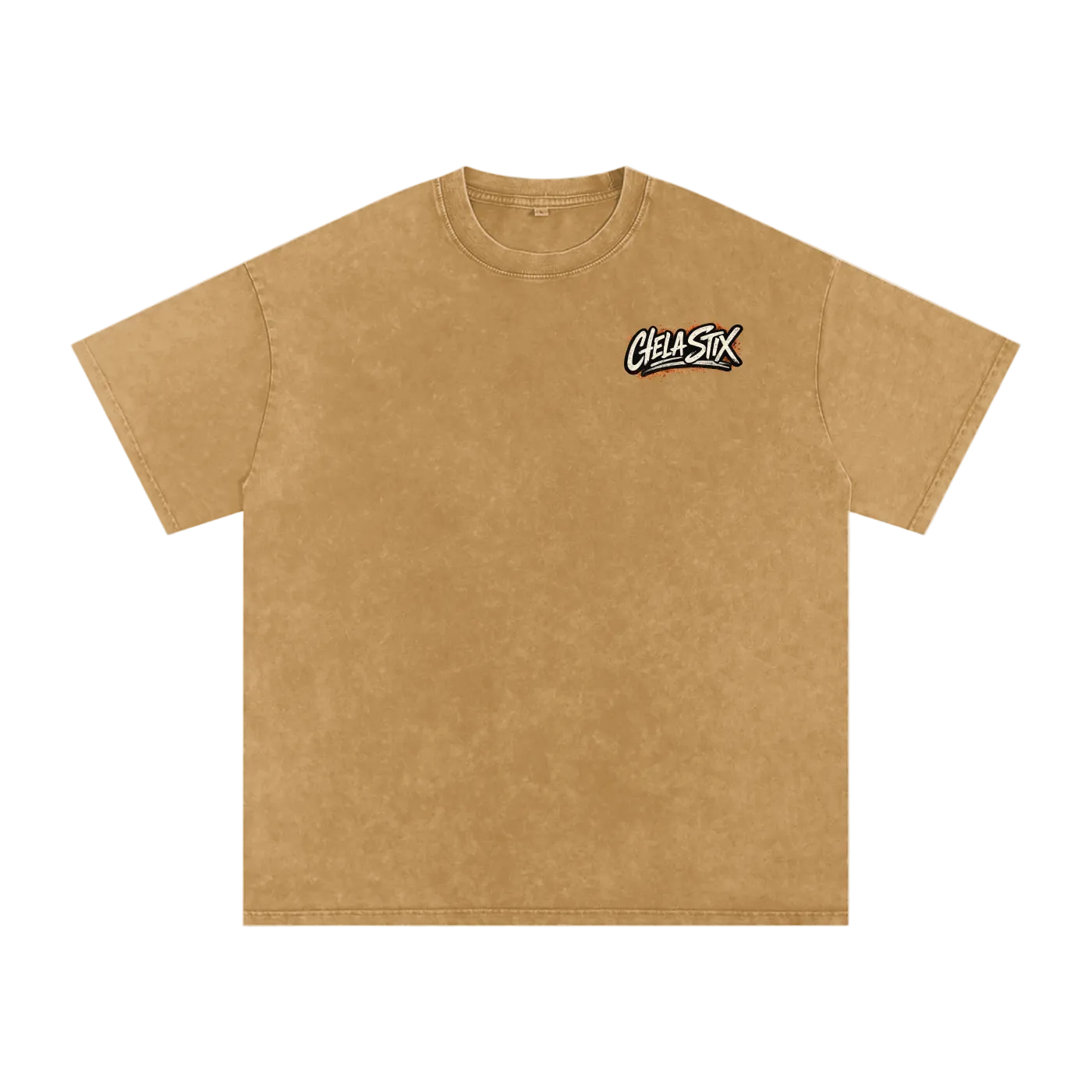 A tan short-sleeve crewneck t-shirt with a textured, washed finish, featuring a small black and white 'Cheatsix' logo on the left chest, displayed on a solid white background.
